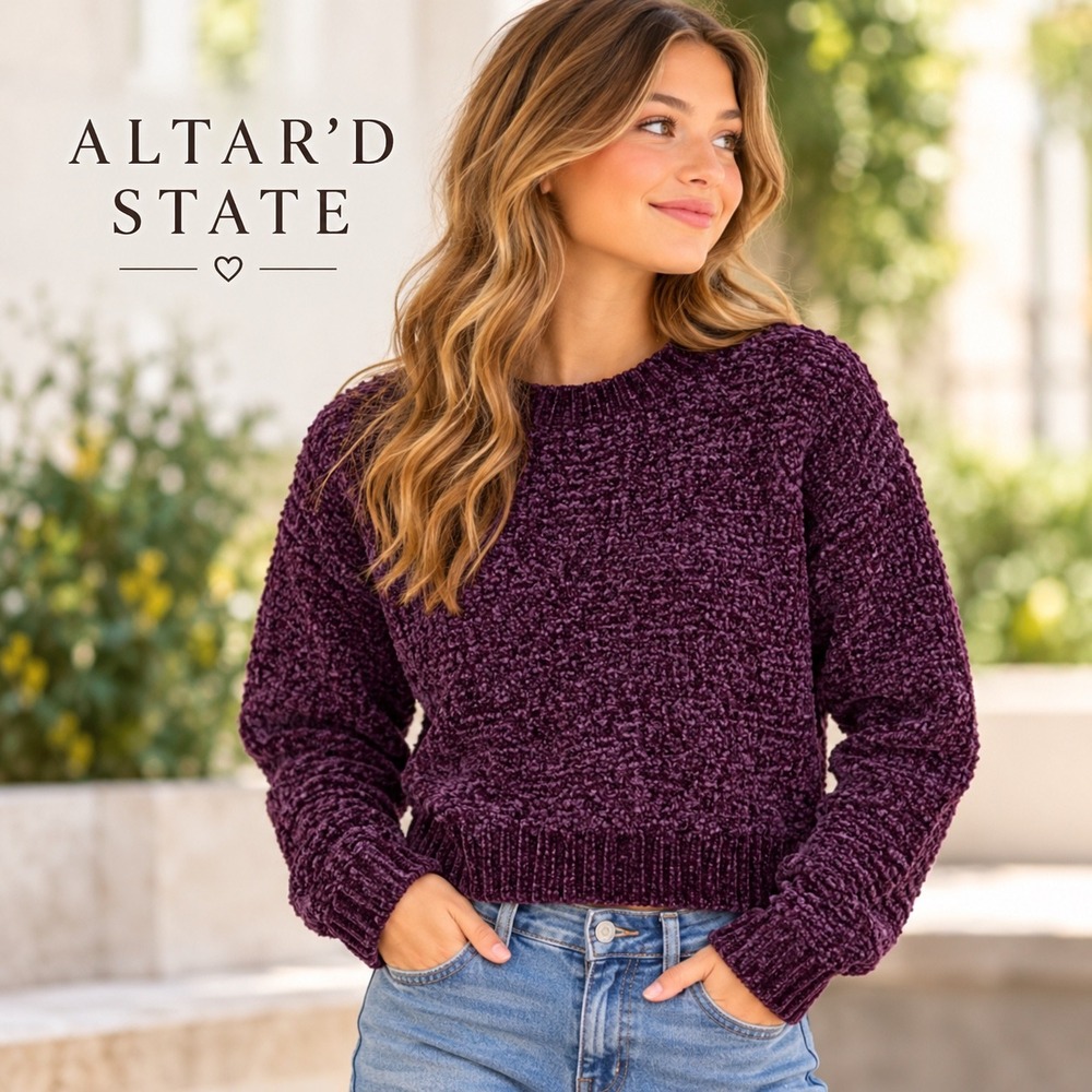 Altar'd State Chenille Sweater Women Size S Purple Plum Soft Knit Cropped Boho